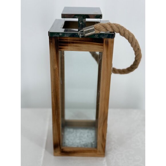 Rustic Wooden & Glass Lantern With Metal‎ Top & Rope Handle 13.75"Tall - Picture 3 of 7